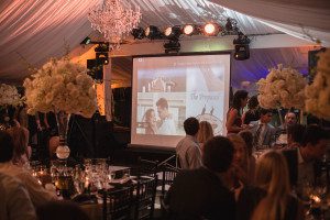 Black and white tented wedding engagement party by top Orlando wedding photographer