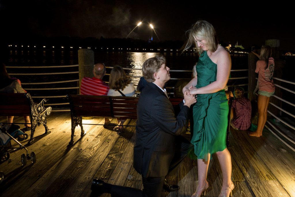 Surprise night time proposal at Disney's Grand Floridan by top Orlando engagement and wedding photographer
