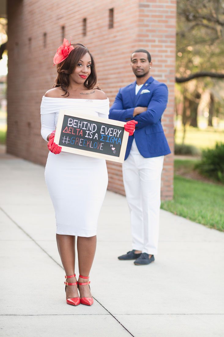 Orlando wedding photographer captures Greek sorority fraternity inspired engagement session photos at UCF in Orlando for Delta and Sigma couple