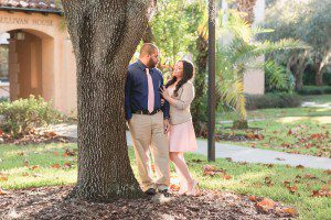 Orlando wedding photographer captures fun Spring engagement session at Rollins College in Winter Park featuring bunny heads