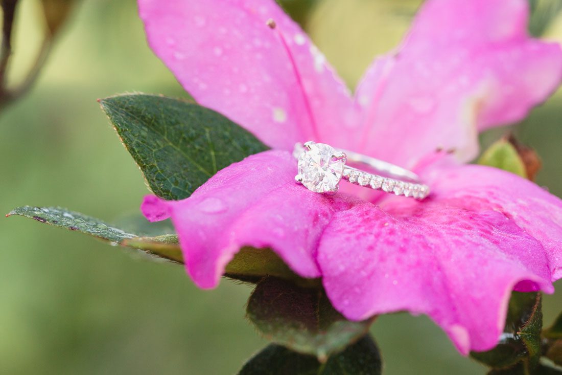 Close up photo of a diamond engagement ring Daniel used to propose to Emily