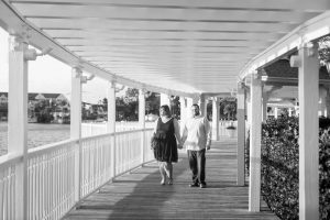 Couple at Sea Breeze point at Disney Boardwalk for their enagement photography session