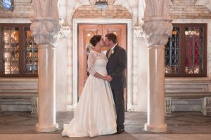 Disney wedding couple poses in Italy at Epcot during their dessert party