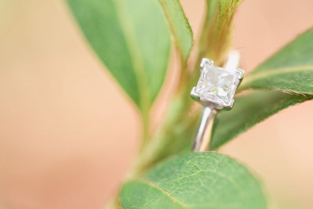 Engagement ring close up on a plant at Kraft Azalea gardens during this romantic Winter Park engagement shoot