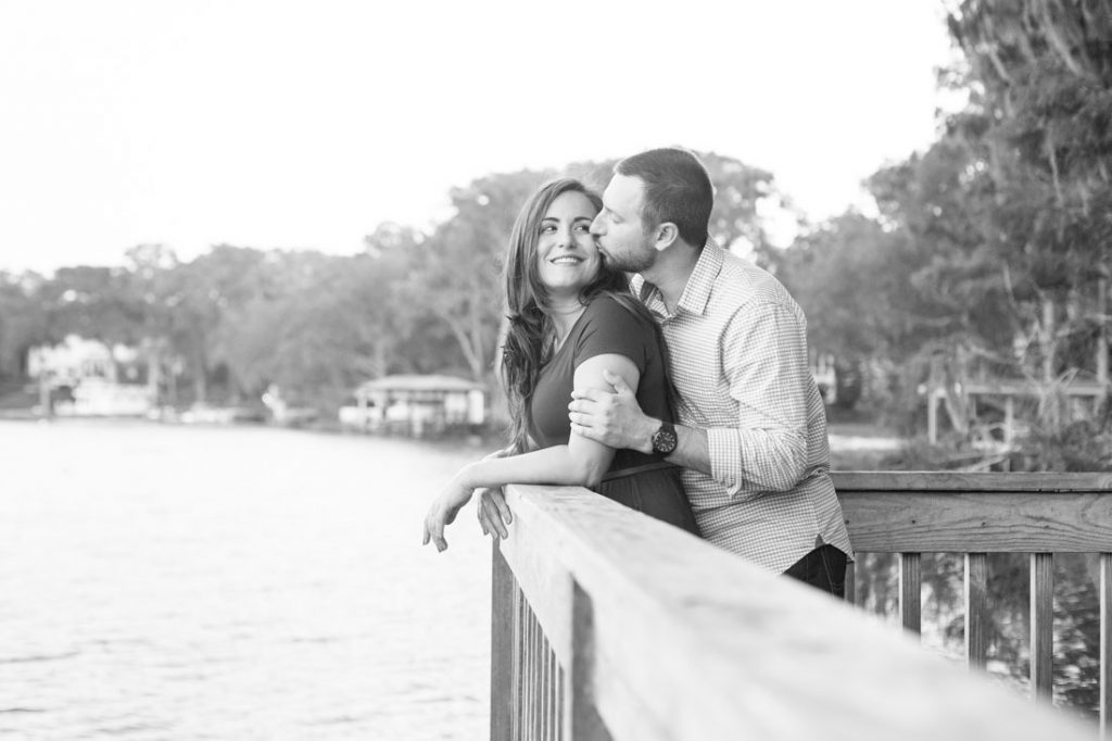 Black and white engagement portrait taken at Kraft Azalea gardens in Winter Park north of Orlando, Florida