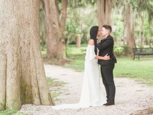 Same sex couple elopes at Kraft Azalea garden in Winter Park Florida, north of Orlando