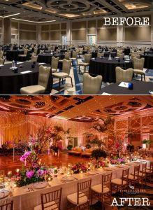 Before and after of a room with professional uplighting and pin spot lighting done by top Orlando DJ and lighting specialist Fyer Fly Productions