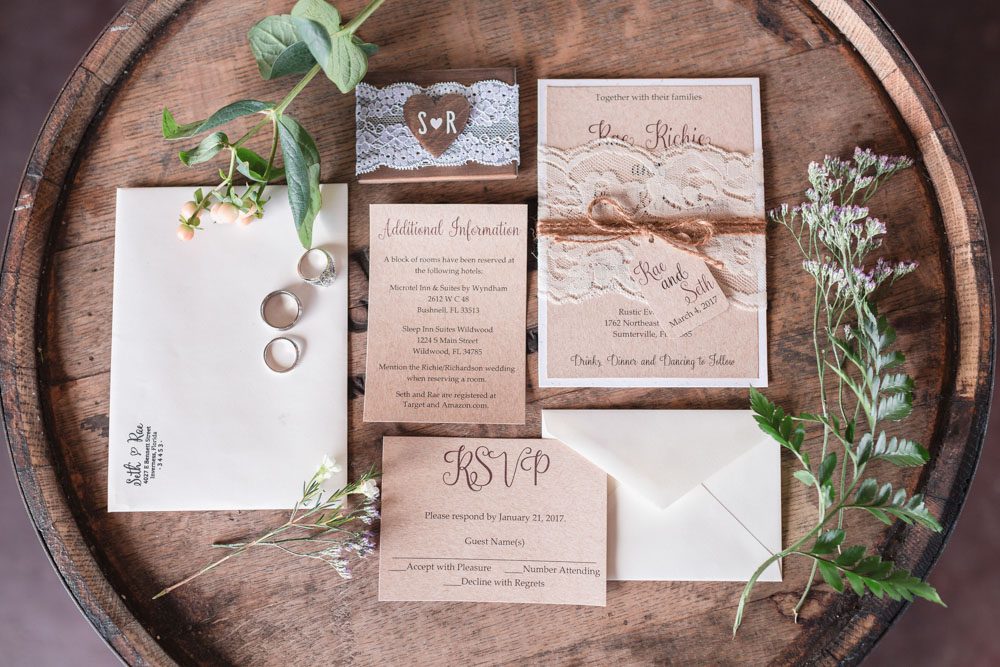 Rustic country wedding invitation stationary featuring burlap and lace for a barn wedding in Orlando, Florida