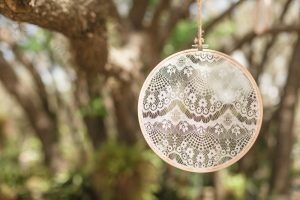 DIY wedding details featuring lace and burlap for an intimate backyard wedding in Central Florida