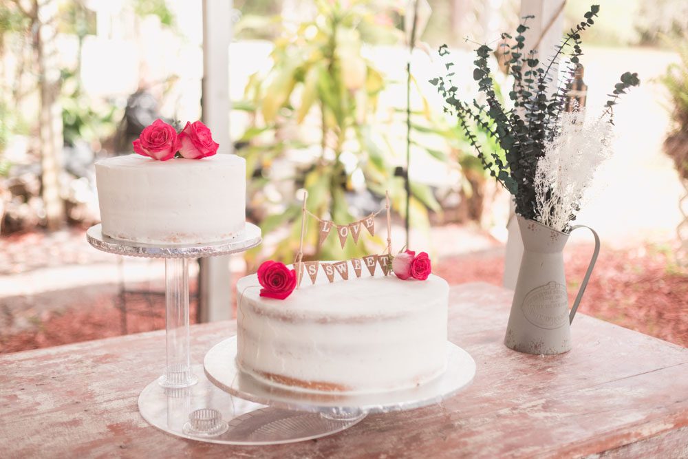 Unique rustic two tier cake with buttercream icing for a boho chic outdooor wedding in Central Florida