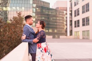 Engagement photography session in Orlando on a rooftop at sunset featuring city views of downtown at the Balcony venue