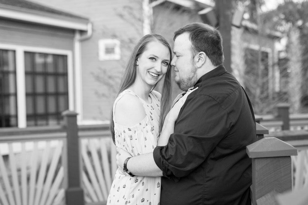 Black and white engagement portrait captured in Disney Springs Orlando