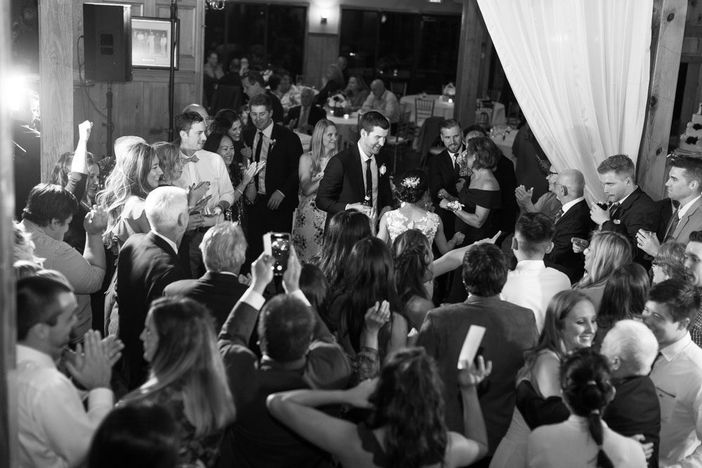 Black and white photo of the guests dancing during an Estate on the Halifax wedding reception