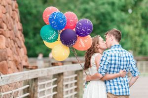 Up movie themed engagement photography session with balloons at Port Orleans in Orlando