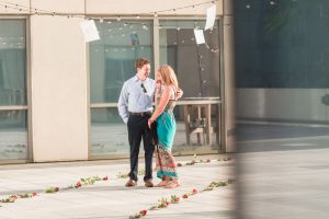 Orlando proposal photographer captures a romantic rooftop engagement session featuring the downtown skyline view from The Balcony rooftop venue