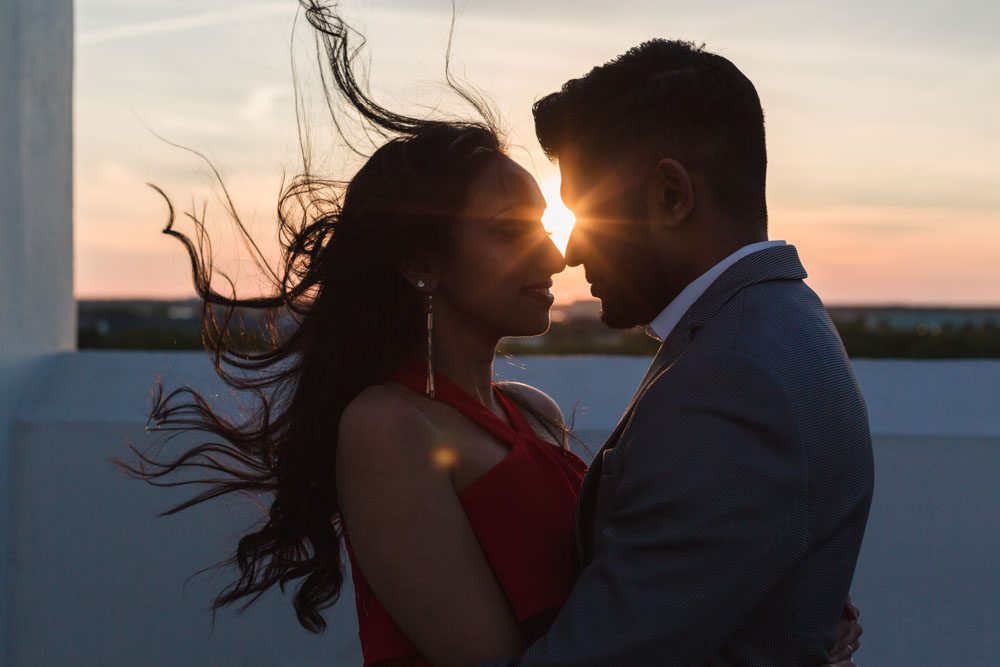Romantic sunset surprise proposal on a rooftop in Orlando, Florida