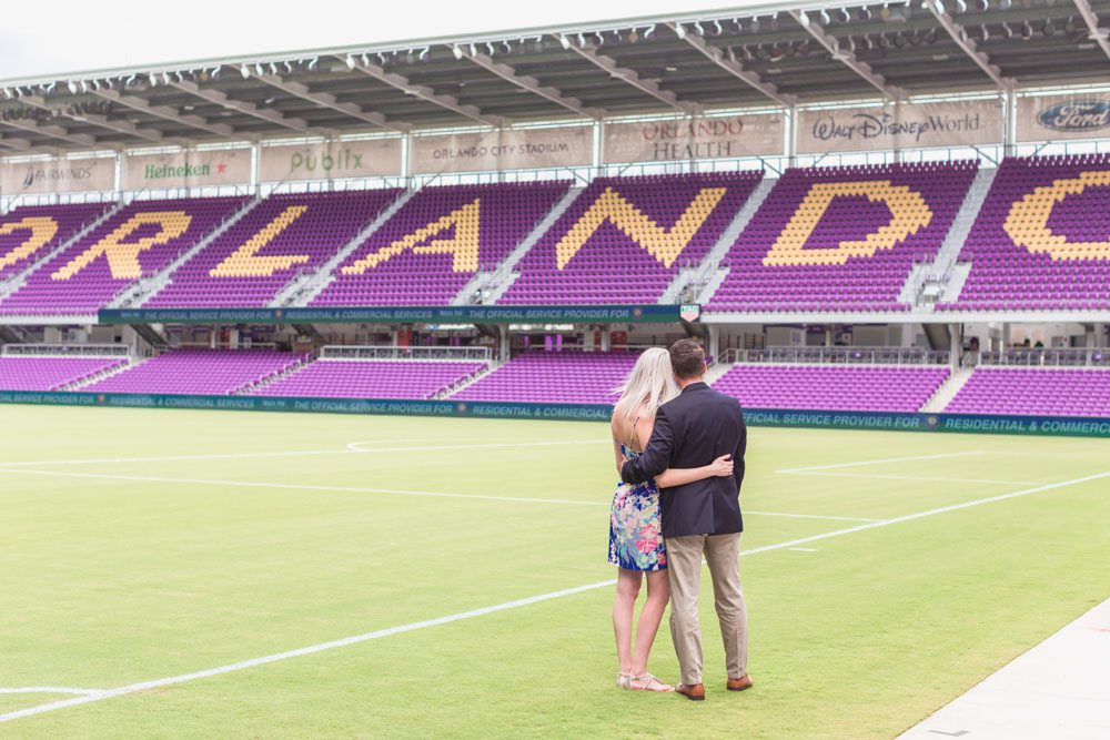 Orlando City Soccer proposal at Exploria stadium in downtown captured by top Orlando engagement photographer
