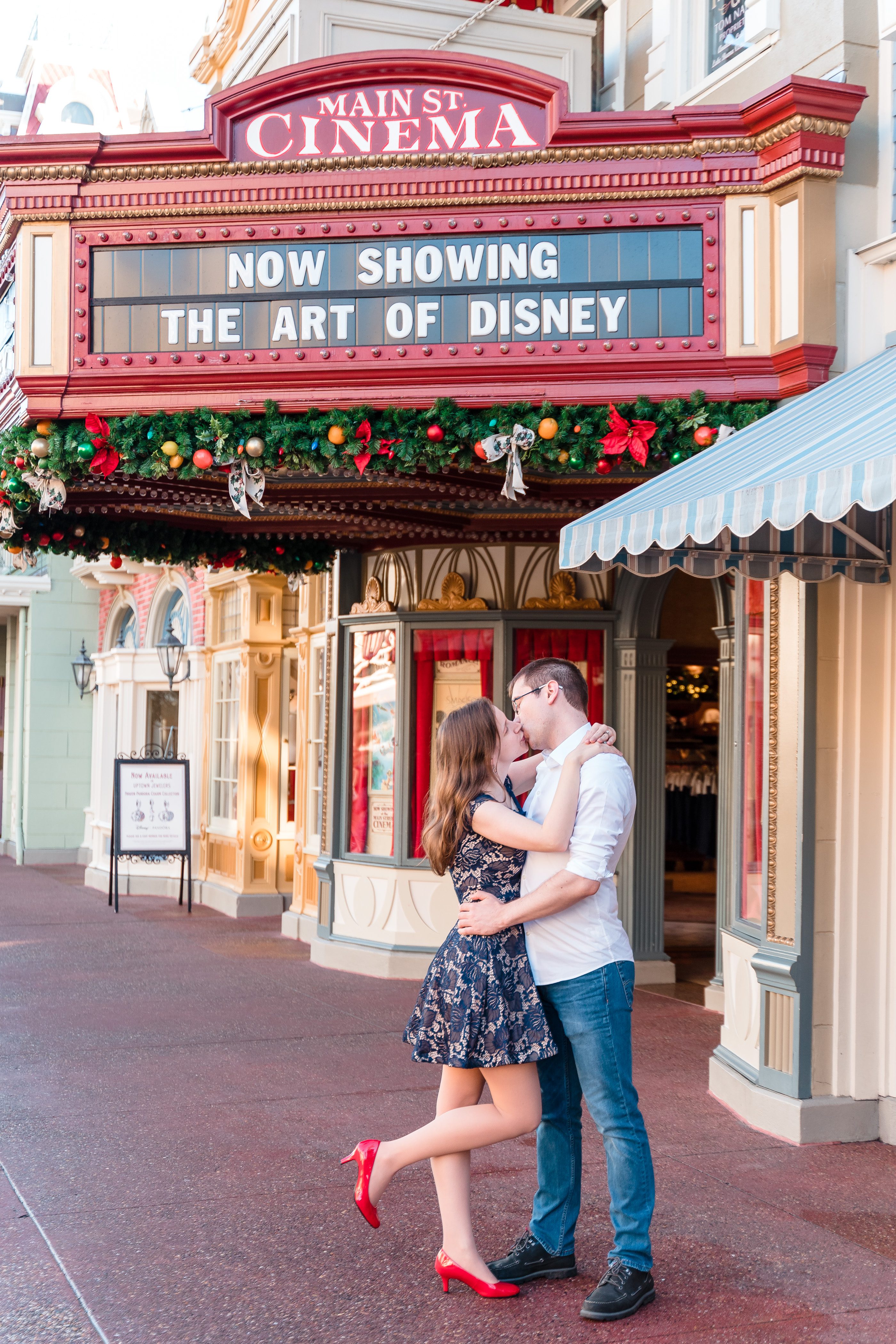 Engagement photo on Main Street USA at Magic Kingdom in Orlando
