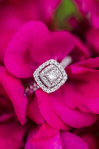 Engagement ring close up on pink flower during Orlando photography session