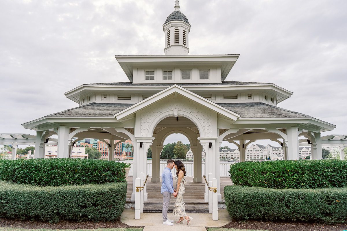 Engagement photography session at Sea Breeze Point between Boardwalk Inn and Yacht Club at Disney World