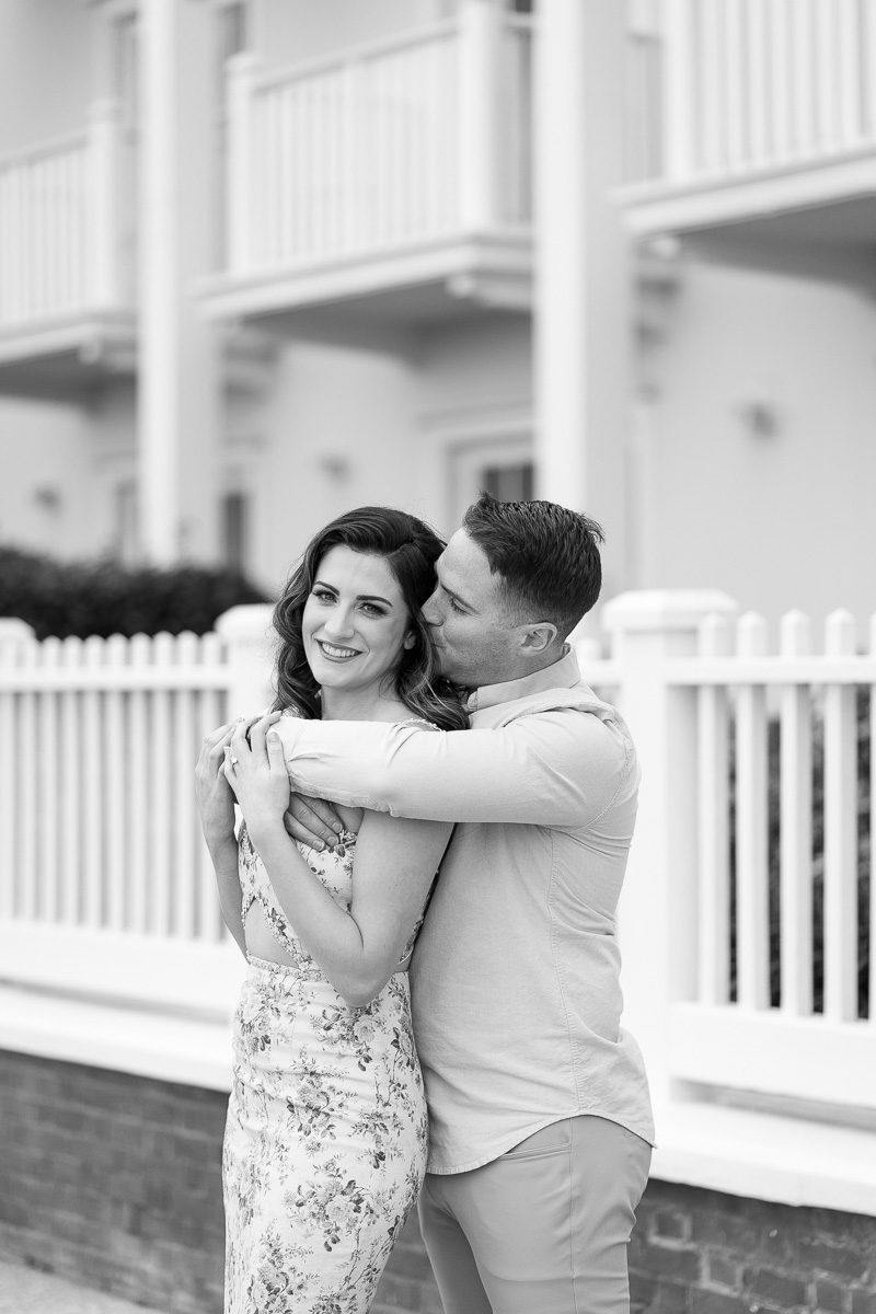 Black and white portrait from romantic engagement session at Disney's Boardwalk Inn Orlando