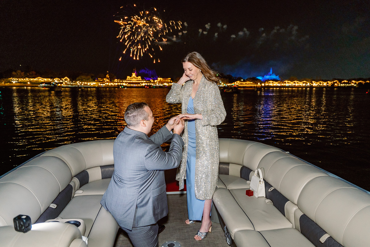 Orlando proposal package for fireworks boat tour at Disney by top engagement photographer