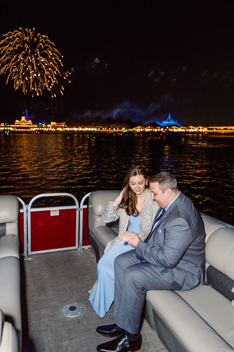 Orlando proposal package for fireworks boat tour at Disney by top engagement photographer