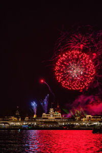 View of Magic Kingdom fireworks from boat tour at Walt Disney World during surprise Orlando proposal