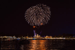 View of Magic Kingdom fireworks from boat tour at Walt Disney World during surprise Orlando proposal