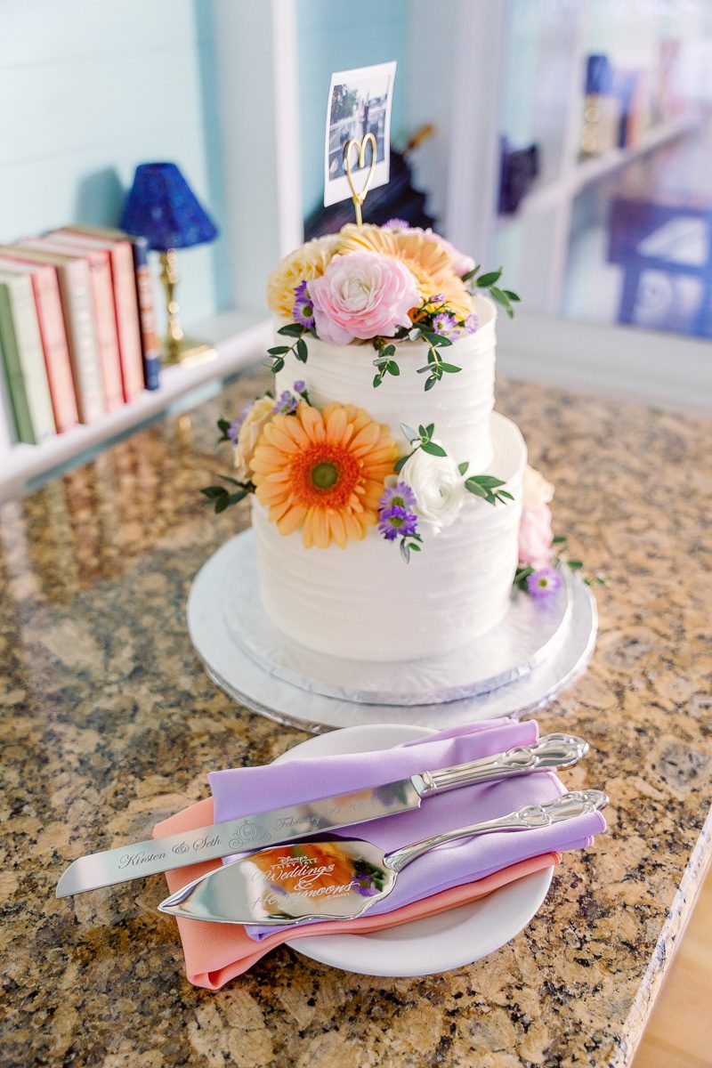 Wedding cake for intimate Spring colorful wedding at The Attic Boardwalk Inn by top Disney wedding photographer