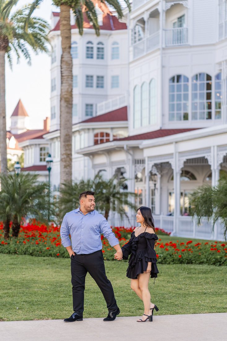 Editorial romantic engagement photo shoot at Disney Grand Floridian resort by top Orlando photographer and videographer