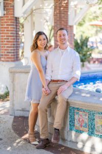 Engagement photography session with a fountain in Downtown Winter Garden near Orlando by top engagement photographer