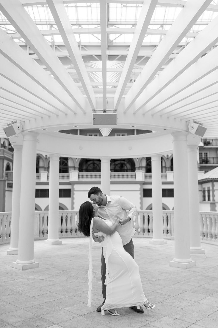 Classy mordern indoor engagement session location with an architectural gazebo at Gaylord Palms in Orlando