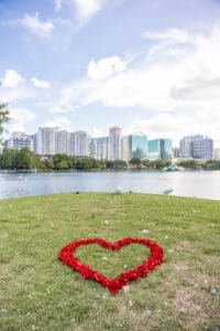 Lake Eola surprise proposal photographed by an Orlando proposal photographer with a heart of fresh red rose petals overlooking the water.
