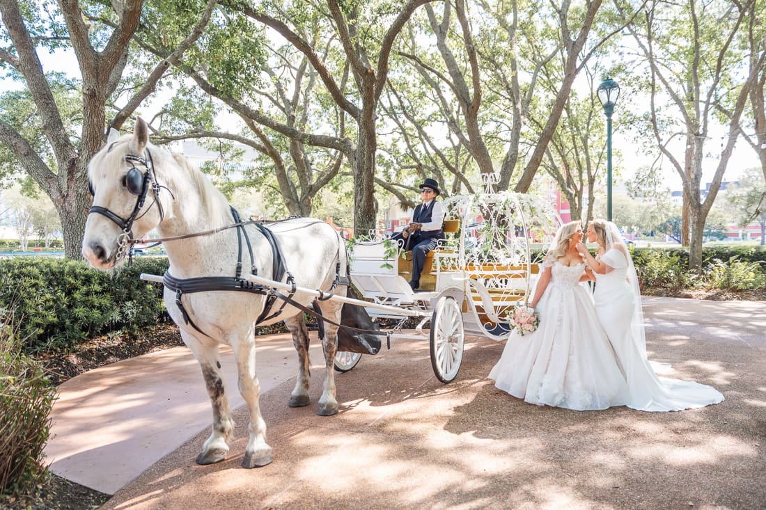 Disney inspired wedding portrait featuring a bride arriving by horse drawn carriage at Crescent Terrace at Swan and Dolphin Resort.