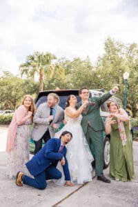 Fun Scooby Doo inspired wedding portraits with the bridal party and vintage VW bus.